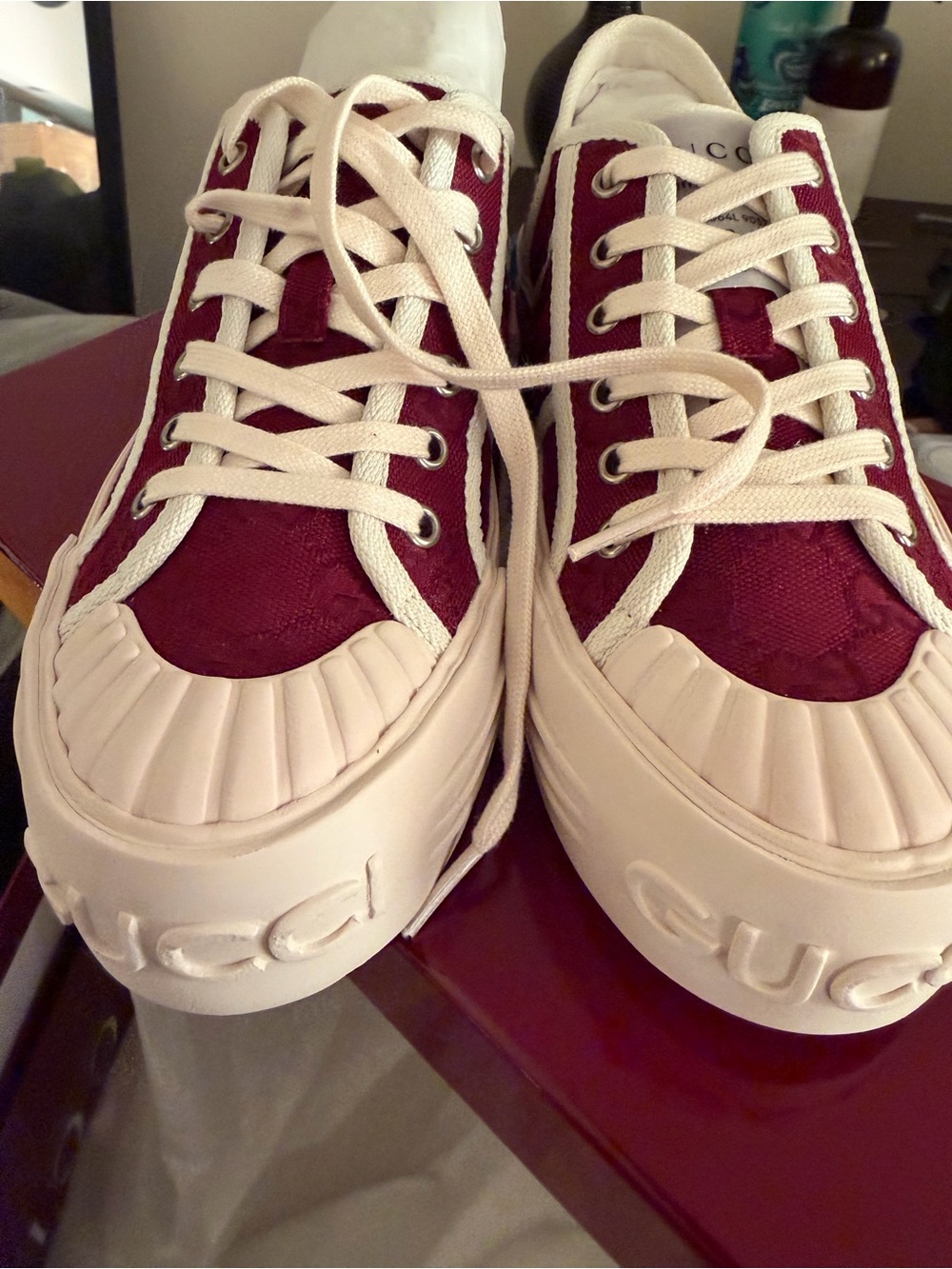 Burgundy Canvas Low-Top Sneakers with Cream Trim - Picture 2 of 12
